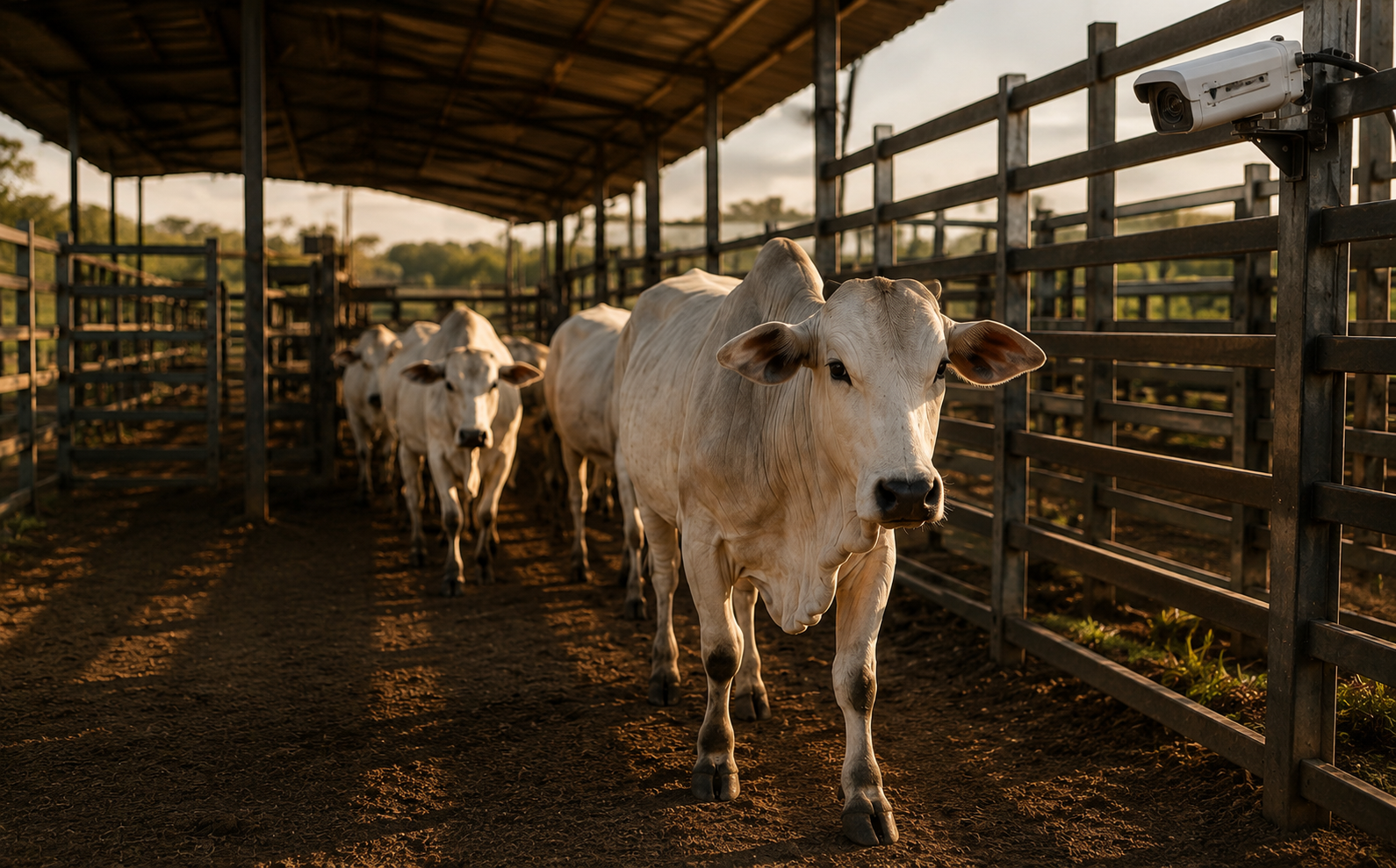 Gado Nelore caminhando em um curral com uma câmera de monitoramento